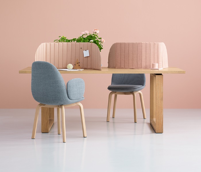 pink partitions with blue chairs